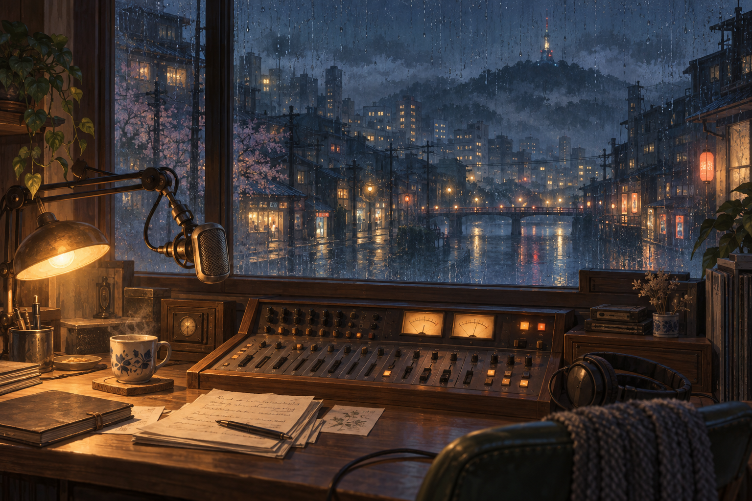 雨夜电台的窗景与温暖调音台